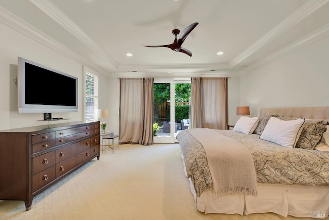 2986 Pebble Beach Cir, Fairfield, CA 94534 - bedroom with access to exterior, light colored carpet, a raised ceiling, ornamental molding, and a ceiling fan