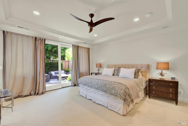 2986 Pebble Beach Cir, Fairfield, CA 94534 - bedroom with a raised ceiling, access to outside, ornamental molding, light carpet, and recessed lighting