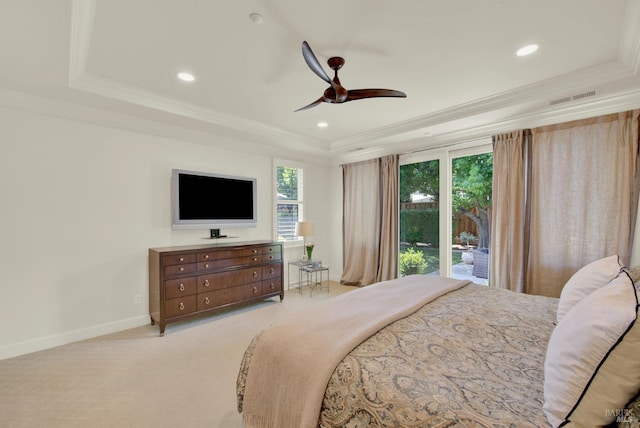 2986 Pebble Beach Cir, Fairfield, CA 94534 - bedroom featuring a raised ceiling, baseboards, ornamental molding, recessed lighting, and access to outside