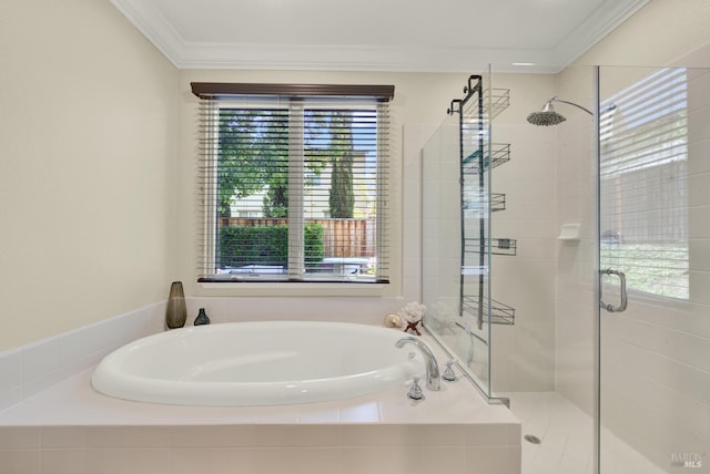 2986 Pebble Beach Cir, Fairfield, CA 94534 - full bathroom featuring a shower stall, a garden tub, and ornamental molding