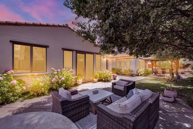 2986 Pebble Beach Cir, Fairfield, CA 94534 - patio terrace at dusk with outdoor lounge area, a patio, outdoor dining space, and a pergola