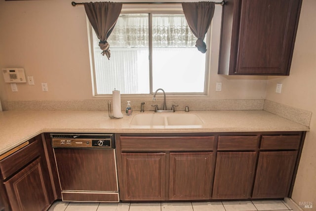 1205 Rosebriar Way, San Jose, CA 95131 - kitchen with dishwasher, light countertops, dark brown cabinetry, and light tile patterned floors