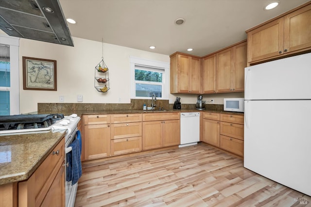 211 Mulberry St, Cloverdale, CA 95425 - kitchen with white appliances, a sink, range hood, light wood-type flooring, and dark stone counters