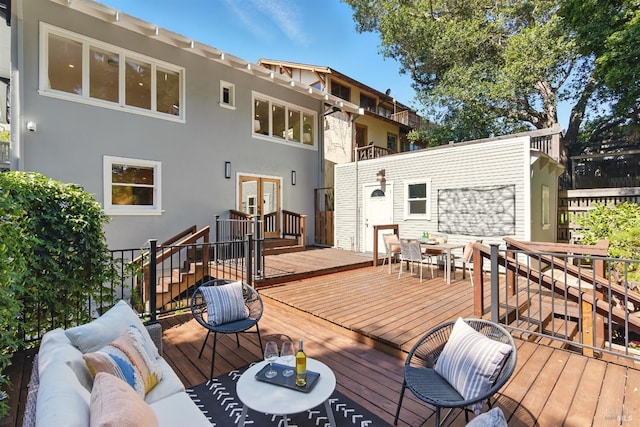 1572 Vista St, Oakland, CA 94602 - wooden terrace with french doors, outdoor dining area, stairway, and an outdoor hangout area