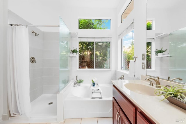 2832 Parkview Ter, Fairfield, CA 94534 - full bathroom featuring vanity, a garden tub, a shower with shower curtain, and tile patterned floors