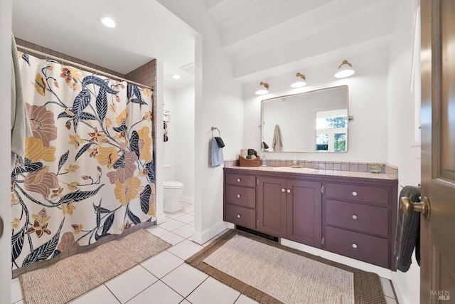 9 Spring Meadows Rd, Mccloud, CA 96507 - bathroom with toilet, vanity, tile patterned floors, a shower with shower curtain, and recessed lighting