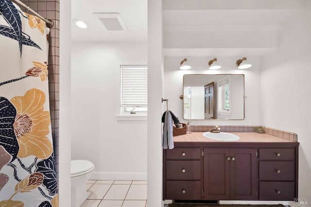 9 Spring Meadows Rd, Mccloud, CA 96507 - full bathroom featuring vanity, tile patterned flooring, toilet, baseboards, and a shower with shower curtain