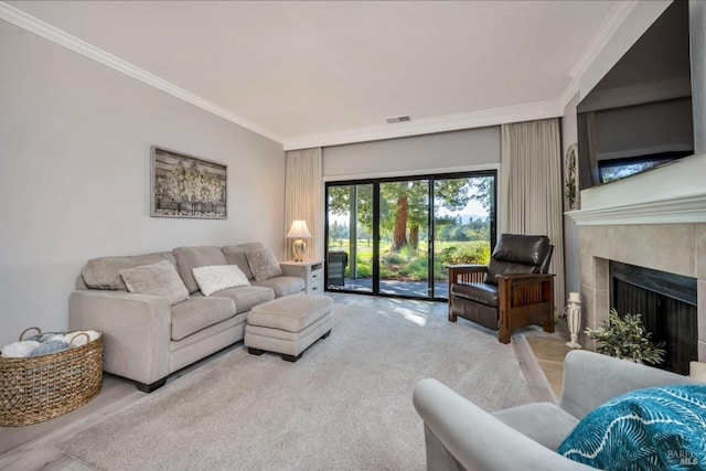 848 Acorn Way, Napa, CA 94558 - living area with ornamental molding, a fireplace with raised hearth, and carpet floors