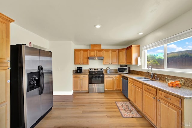 201 Pamela Ct, Vallejo, CA 94589 - kitchen featuring stainless steel appliances, a sink, light wood finished floors, recessed lighting, and under cabinet range hood