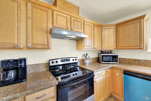 201 Pamela Ct, Vallejo, CA 94589 - kitchen with under cabinet range hood, range with electric stovetop, dishwasher, stainless steel microwave, and light brown cabinets