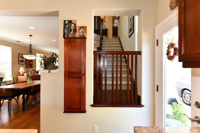 1617 Pear Tree Ln, Napa, CA 94558 - corridor with stairs, ornamental molding, and wood finished floors