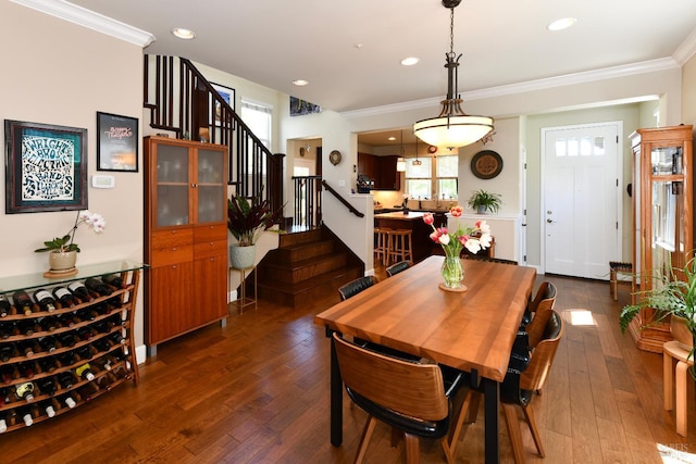 1617 Pear Tree Ln, Napa, CA 94558 - dining area featuring stairway, crown molding, dark wood finished floors, and recessed lighting
