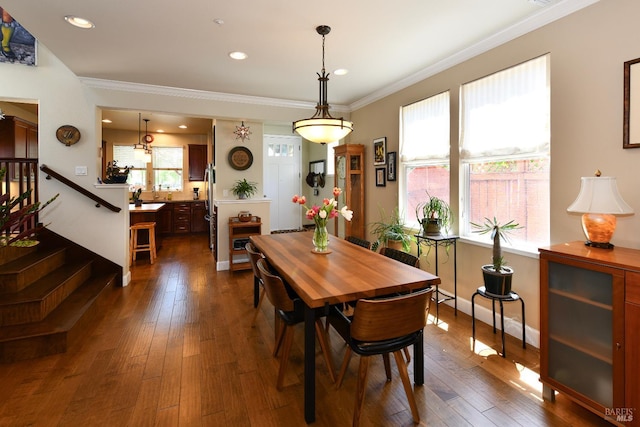 1617 Pear Tree Ln, Napa, CA 94558 - dining room featuring dark wood-style flooring, stairs, crown molding, baseboards, and recessed lighting