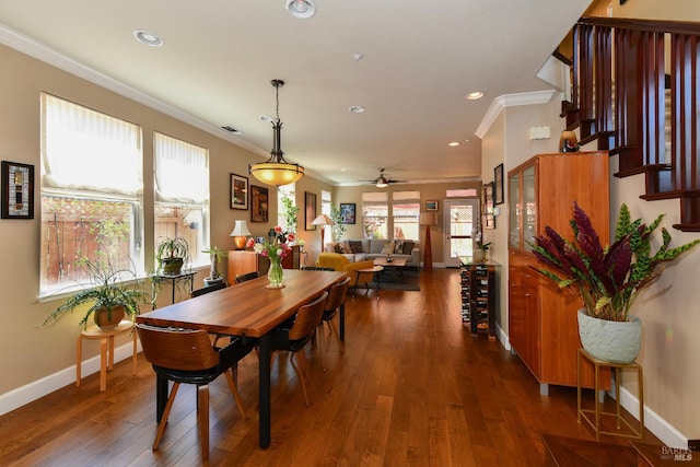 1617 Pear Tree Ln, Napa, CA 94558 - dining room with crown molding, baseboards, dark wood-style flooring, ceiling fan, and recessed lighting