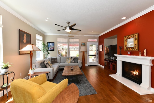 1617 Pear Tree Ln, Napa, CA 94558 - living room featuring a ceiling fan, a lit fireplace, wood finished floors, crown molding, and recessed lighting