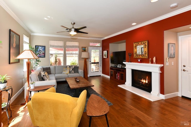 1617 Pear Tree Ln, Napa, CA 94558 - living area with a ceiling fan, a warm lit fireplace, crown molding, wood finished floors, and baseboards