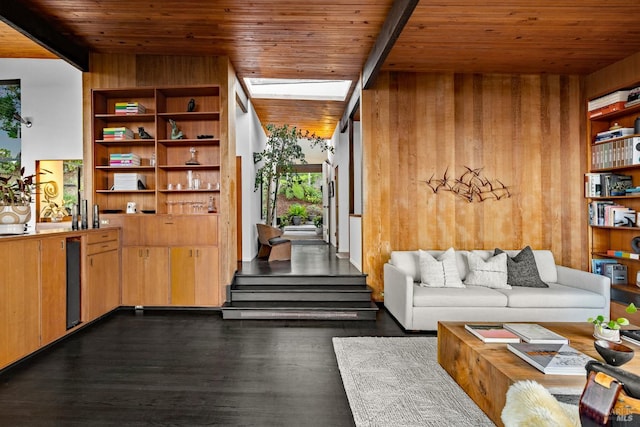 11 Crest Rd, Belvedere, CA 94920 - living area featuring wooden ceiling, wooden walls, and dark wood finished floors