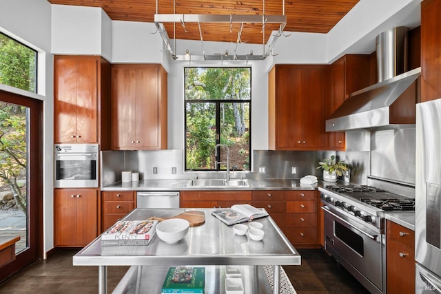 11 Crest Rd, Belvedere, CA 94920 - kitchen featuring stainless steel counters, wood ceiling, stainless steel appliances, a sink, and dark wood-style floors
