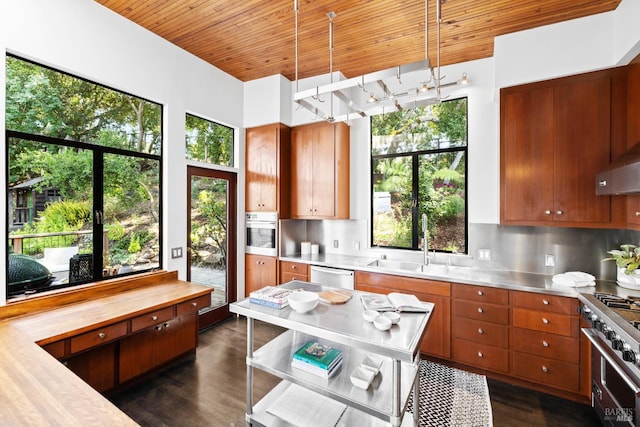 11 Crest Rd, Belvedere, CA 94920 - kitchen featuring stainless steel counters, wooden ceiling, stainless steel appliances, a sink, and dark wood finished floors
