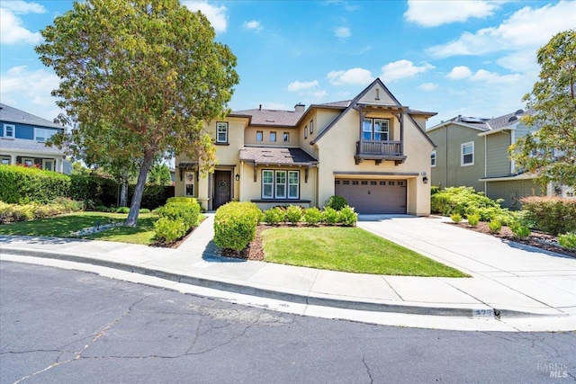428 Lloyd Ct, Benicia, CA 94510 - view of front of property featuring stucco siding, a balcony, an attached garage, driveway, and a front lawn