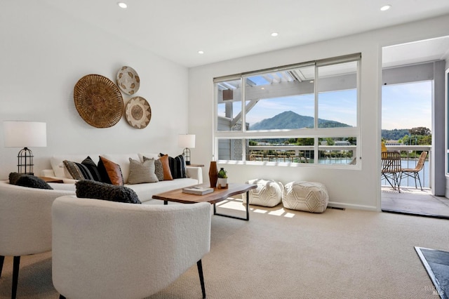 100 Lucky Dr Unit 109, Corte Madera, CA 94925 - carpeted living room with a mountain view, recessed lighting, and baseboards