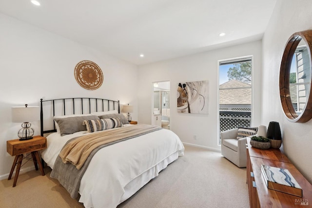 100 Lucky Dr Unit 109, Corte Madera, CA 94925 - bedroom with light carpet, baseboards, ensuite bath, and recessed lighting