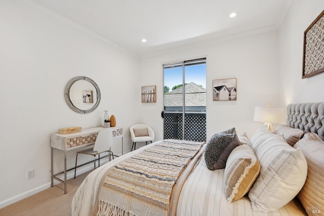 100 Lucky Dr Unit 109, Corte Madera, CA 94925 - bedroom with ornamental molding, carpet, baseboards, recessed lighting, and access to outside