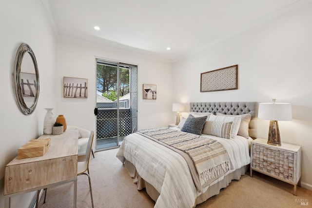 100 Lucky Dr Unit 109, Corte Madera, CA 94925 - bedroom featuring access to exterior, crown molding, light colored carpet, and recessed lighting