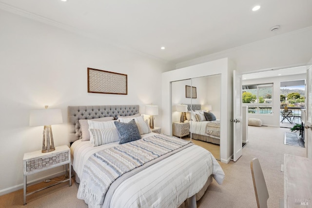 100 Lucky Dr Unit 109, Corte Madera, CA 94925 - bedroom with ornamental molding, light colored carpet, recessed lighting, a closet, and baseboards