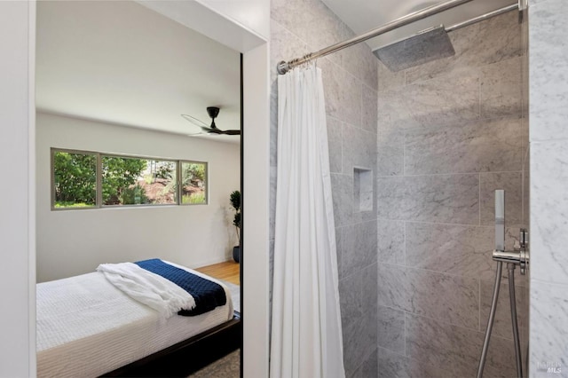 594 Tanbark Ter, San Rafael, CA 94903 - bathroom featuring a tile shower and a ceiling fan
