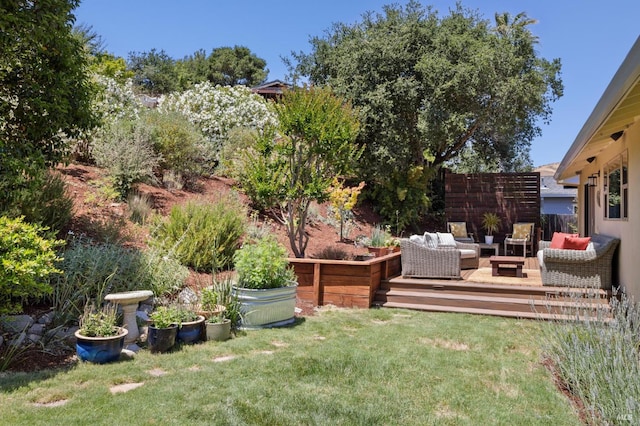 594 Tanbark Ter, San Rafael, CA 94903 - view of green lawn featuring outdoor lounge area and a wooden deck