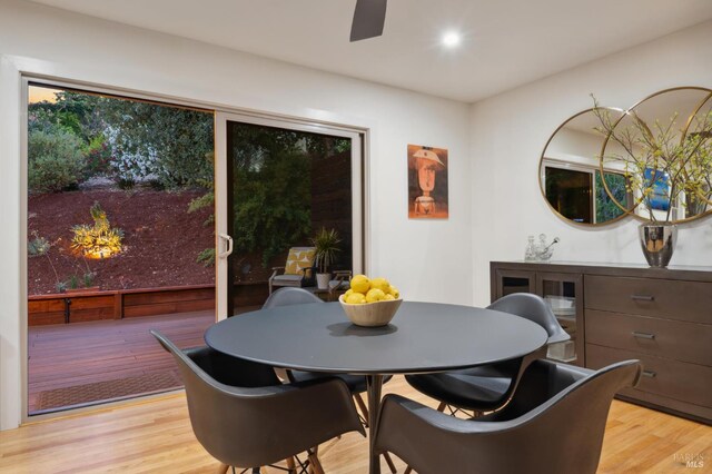 594 Tanbark Ter, San Rafael, CA 94903 - dining space with light wood finished floors, a ceiling fan, and recessed lighting