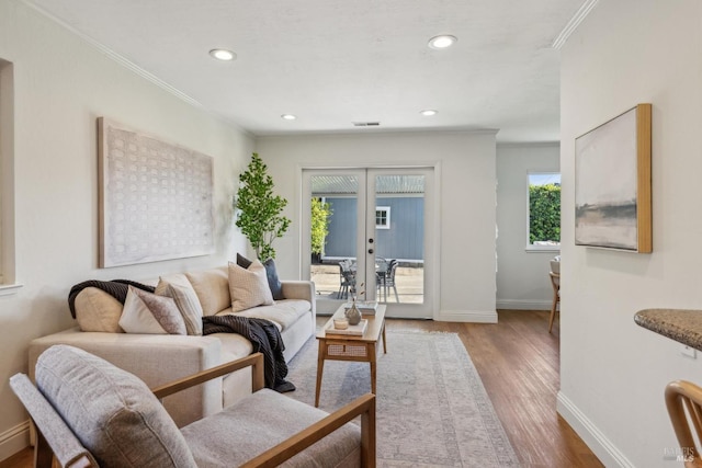 16 Tradewind Psge, Corte Madera, CA 94925 - living area featuring ornamental molding, wood finished floors, baseboards, recessed lighting, and french doors