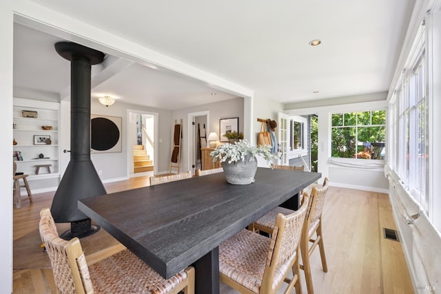 304 Laurel Way, Mill Valley, CA 94941 - dining space featuring a wood stove, light wood-type flooring, and recessed lighting