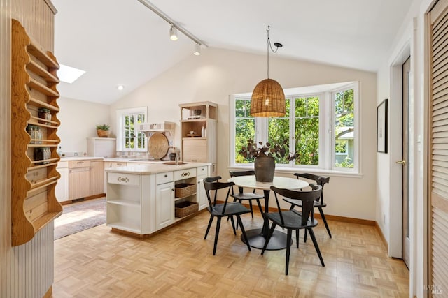 304 Laurel Way, Mill Valley, CA 94941 - kitchen featuring open shelves, vaulted ceiling, light countertops, a skylight, and rail lighting