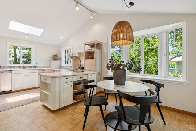 304 Laurel Way, Mill Valley, CA 94941 - kitchen with open shelves, vaulted ceiling, dishwashing machine, light countertops, and a skylight