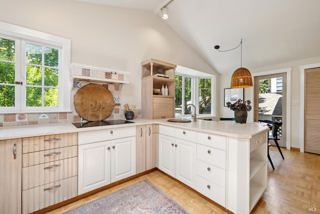 304 Laurel Way, Mill Valley, CA 94941 - kitchen with open shelves, black electric stovetop, a peninsula, lofted ceiling, and light countertops