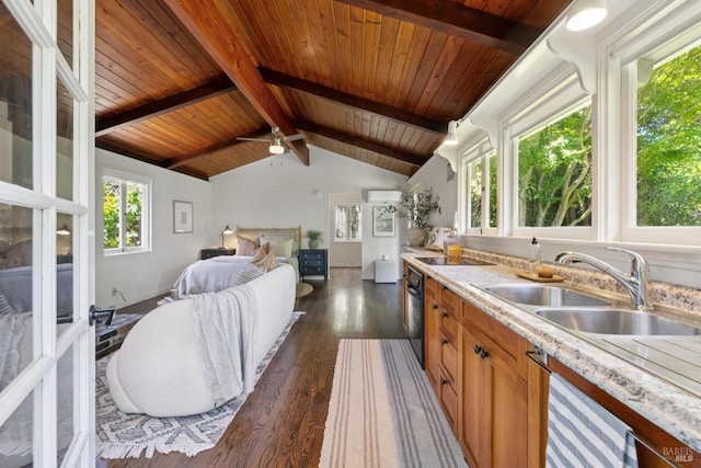 304 Laurel Way, Mill Valley, CA 94941 - kitchen featuring light countertops, dark wood finished floors, wooden ceiling, open floor plan, and a ceiling fan