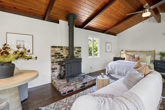 304 Laurel Way, Mill Valley, CA 94941 - bedroom with a wood stove, wooden ceiling, wood finished floors, and ceiling fan