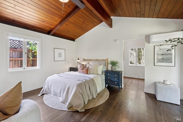 304 Laurel Way, Mill Valley, CA 94941 - bedroom with a wall mounted air conditioner, wooden ceiling, and dark wood finished floors