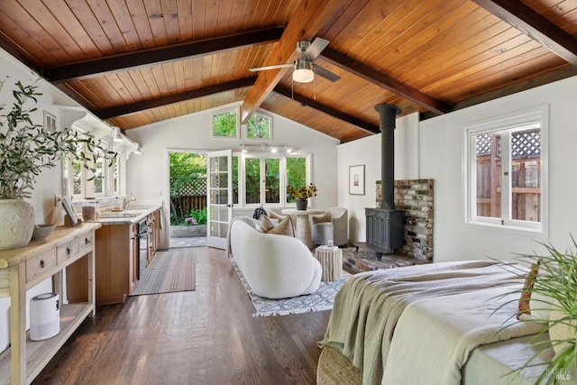 304 Laurel Way, Mill Valley, CA 94941 - bedroom with a wood stove, dark wood-style flooring, wood ceiling, and access to exterior