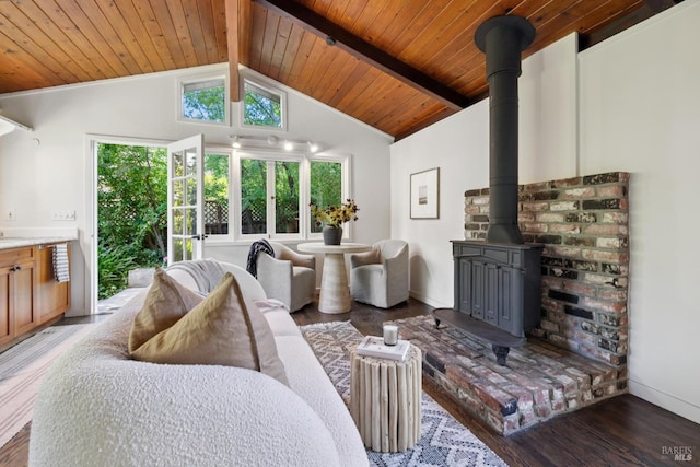 304 Laurel Way, Mill Valley, CA 94941 - living area with a wood stove, plenty of natural light, wood finished floors, and wood ceiling