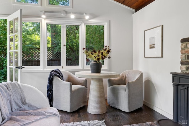 304 Laurel Way, Mill Valley, CA 94941 - dining space with dark wood-type flooring, healthy amount of natural light, wood ceiling, and vaulted ceiling
