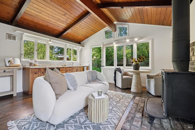 304 Laurel Way, Mill Valley, CA 94941 - living area featuring wooden ceiling, a wood stove, and dark wood finished floors