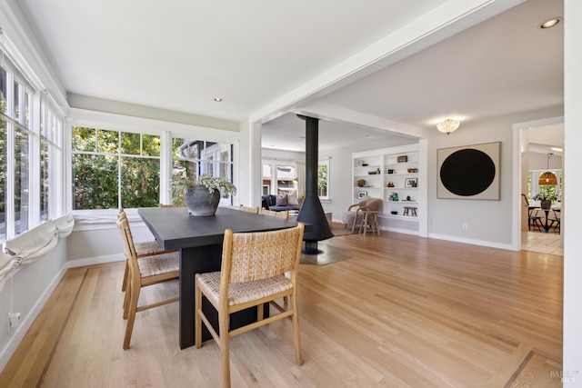 304 Laurel Way, Mill Valley, CA 94941 - dining area with a wood stove, light wood-type flooring, built in features, and recessed lighting