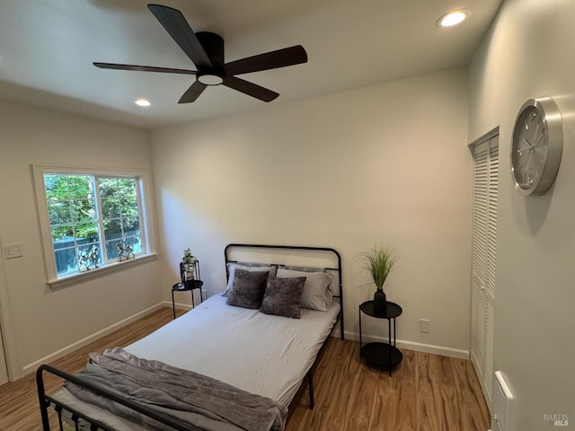 1529 San Anselmo Ave Unit A B, San Anselmo, CA 94960 - bedroom featuring wood finished floors, baseboards, recessed lighting, and a ceiling fan