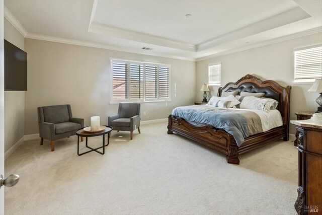 5340 Discovery Way, Fairfield, CA 94533 - bedroom featuring a tray ceiling, crown molding, multiple windows, and light carpet