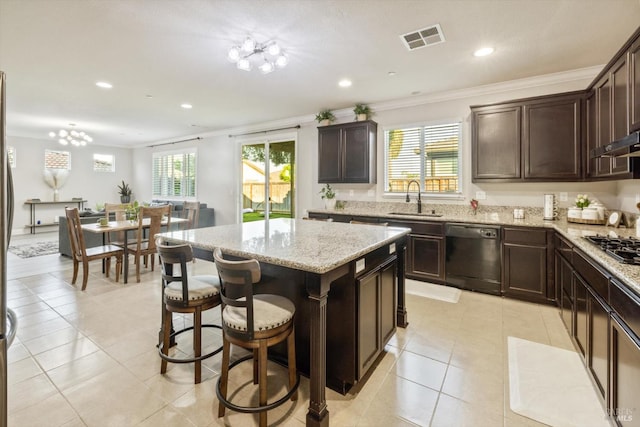 5340 Discovery Way, Fairfield, CA 94533 - kitchen with dishwashing machine, a sink, ornamental molding, dark brown cabinets, and light stone counters