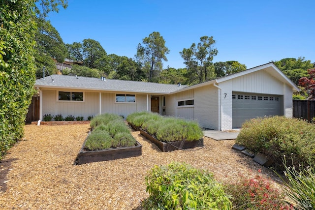 7 Rowland Ct, Novato, CA 94947 - ranch-style house featuring an attached garage, brick siding, and a vegetable garden