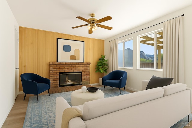 404 Mellowood Ct, Suisun City, CA 94585 - living room featuring wood finished floors, ceiling fan, a brick fireplace, and wood walls